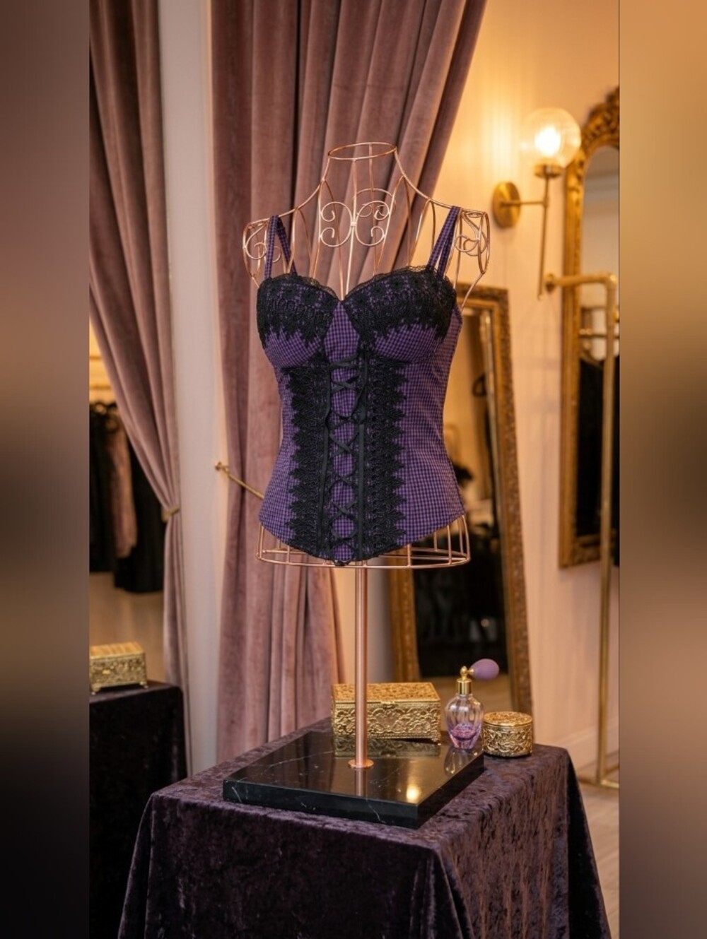 Women's Purple With Black Lace And Trim Corset Bustier 💜